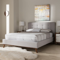 Baxton Studio BBT6662-Greyish Beige-Queen Valencia Mid-Century Modern Greyish Beige Fabric Queen Size Platform Bed